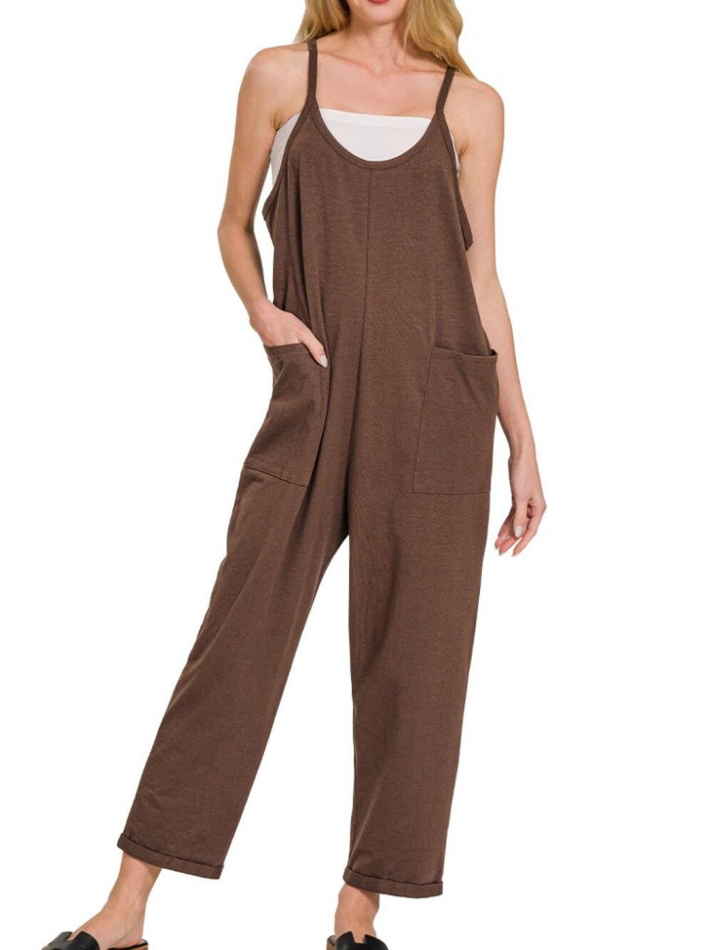 Spaghetti Strap Jumpsuit with Pockets - Brown